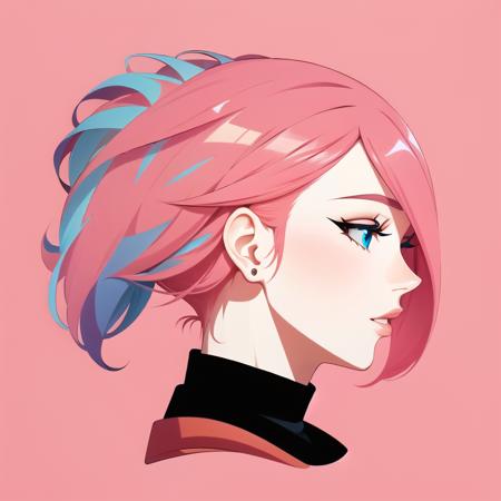 profile, deformed background, (flat color), solo, close-up face, (illustration), many layers, limited tone, isometric, dribbble style illustration, vivid pink hair, clear eyes,