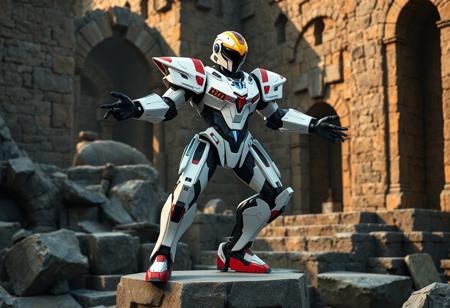 A Cyber Soldier of Darkworld robot, stark white armor with crimson & sapphire accents, black limbs, vibrant yellow head, ruby visor, geometric blue/white chest, scarlet feet. Heroic stance, arms posed for action, balanced posture on an ancient stone plinth. Amidst the mystic ruins of TheSecret Village of the Spellcasters. Poised stillness charged with latent energy. Cinematic lighting, Octane Render, Unreal Engine 5, Photorealistic, trending on ArtstationHQ, CGSociety, 4K, HDR, Sharp focus, Dynamic Angle, Golden Ratio, Matte Painting, Splash Ink style. Detailed, high quality, intricate.
