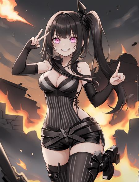 <lora:ArchitectNormal>,1girl,pink eyes,side ponytail,long hair,black hair,architectnormal,belts,evil smile,sangvis ferri,vertical stripes,thighhighs,shorts,ruins,battlefield,long hair,hair ornament,peace sign,bare shoulder,cleavage,elbow glove,flames,explosion,dark sky