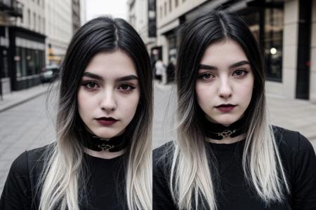 Teen brunnete nordic goth girl | tattoo | dark | Adult | On street | High quality | gothic makeup | realistic | informal | cute girl | bob cut hair | choker | solo | black hair