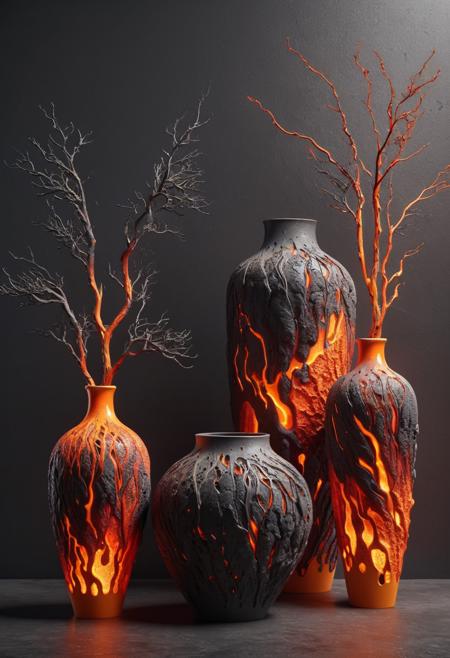 (different:1.5) tall vases and pots in lava style, dry branches, on the podium, ral-lava, High detailed RAW color Photo, 8k, ultra detailed  <lora:ral-lava-sdxl-v2:0.6>