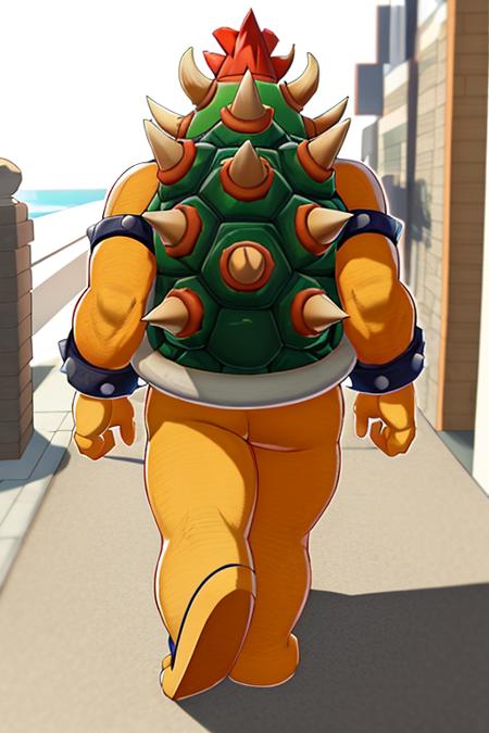 masterpiece, best quality, bowser, wearing suit, walking <lora:Bowser-000010:1>, back_view