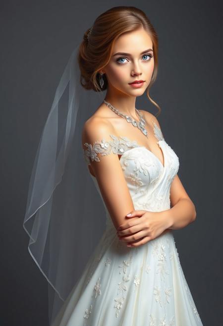 A full-body fotorealistic image of a 20-year-old girl with long hair styled in an elegant wedding hairstyle. She has striking blue eyes and is wearing a beautiful white wedding dress adorned with delicate details. Her look is completed with elegant jewelry, enhancing the sophistication of the bridal design. The style is clean, detailed, and focused on showcasing the elegance and flow of the dress and accessories in a fashion illustration style.