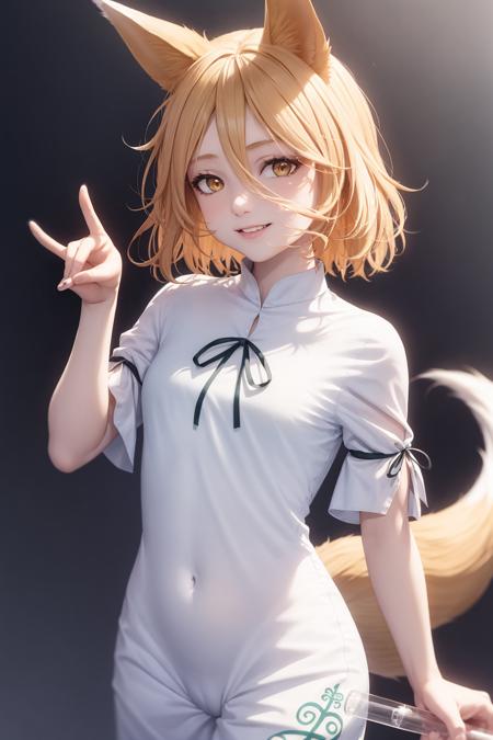 masterpiece, best quality,  <lora:TsukasaKudamaki:1>,
kudamaki tsukasa, fox,girl,1girl,fox ears, blonde hair, short hair,yellow eyes,ribbon, green ribbon,mandarin collar, short sleeves,white romper,fox tail, 
test tube, 
fox shadow puppet, 
(grey background:1.2), cowboy shot, smile,