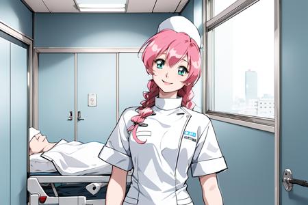 (RAW photo, best quality), 1girl,  natural lighting, indoor, hospital, operating room,  <lora:innai_kansen_yoneda_shiori_v2_2-000004:1>, yoneda shiori, nurse, nurse cap, smile,