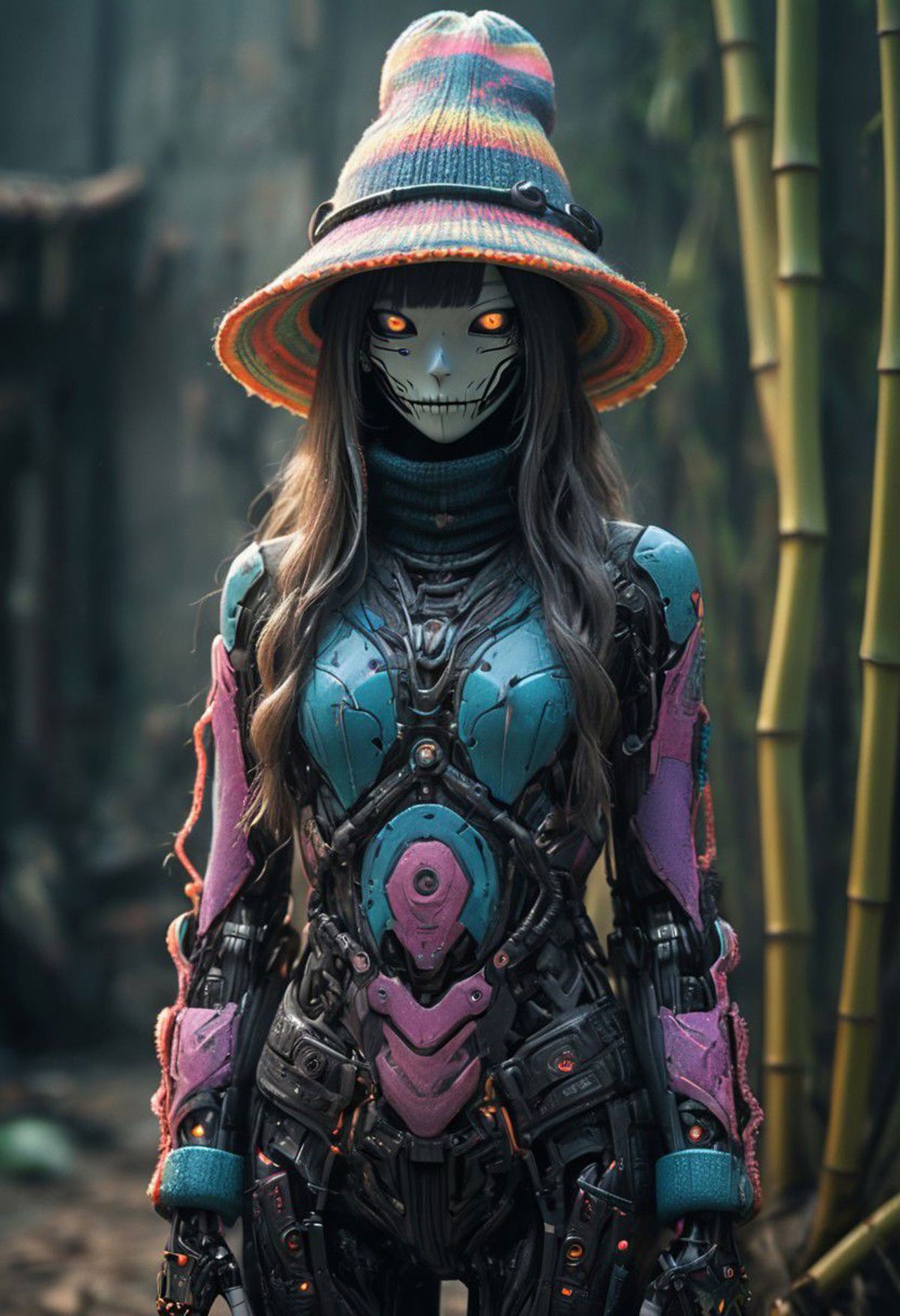 A woman in a blue and purple dress with a face painted like a skeleton.