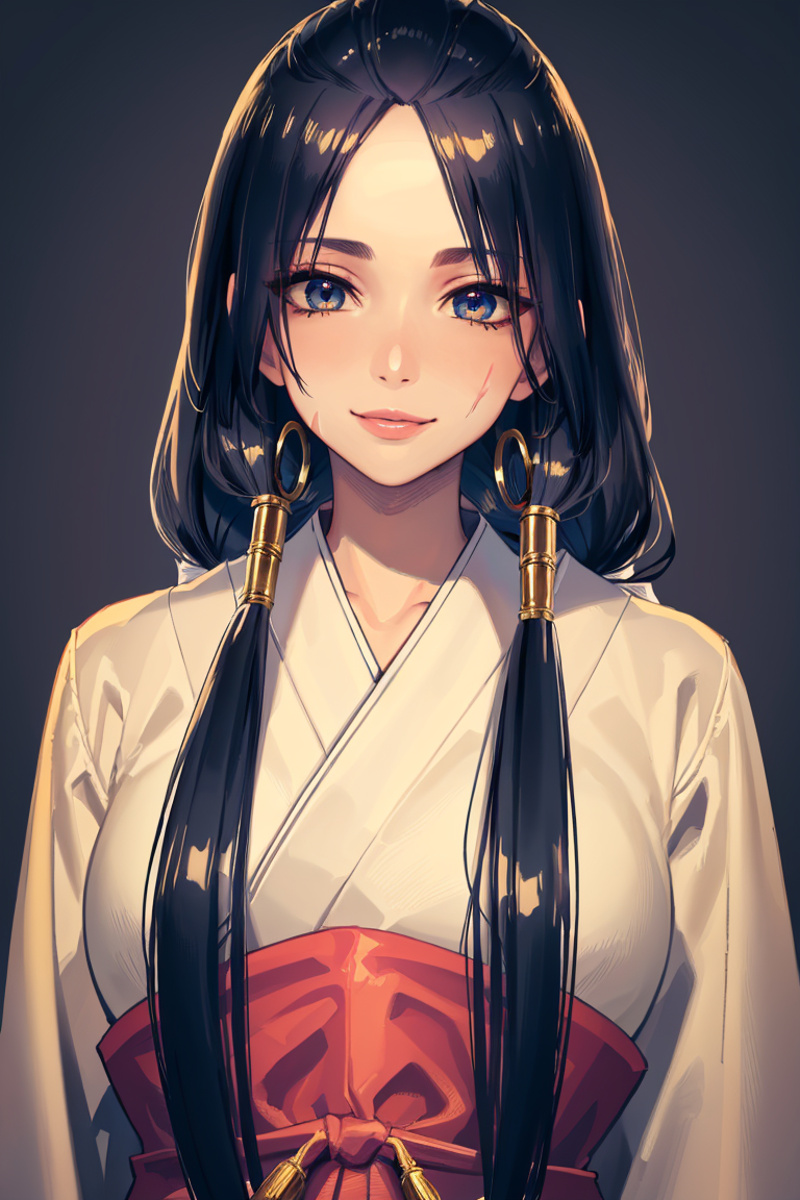 A beautifully illustrated anime girl with long black hair and a red ribbon in her hair.