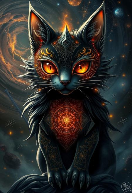 dark cosmic entity, mythological creature, stereotypically cute animal, ethereal and ominous, glowing eyes filled with cosmic energy, swirling galaxies in the background, deep space colors, glowing nebulae, starlight reflecting off fur, intricate cosmic symbols on body, dark surrealism, cosmic horror, awe-inspiring presence, dark atmosphere, celestial headdress of constellations, shadowy textures, cosmic storms swirling around, void-like energy emanating from creature, celestial bodies orbiting, broken mold of innocence, twisted cosmic energy, dark flowing fur like the night sky, mythological symbolism, ominous power, divine and terrifying, (cosmic energy:1.4), high resolution, ((masterpiece)), grim transformation, god-like presence, cosmic rifts in the background, black hole swirling within