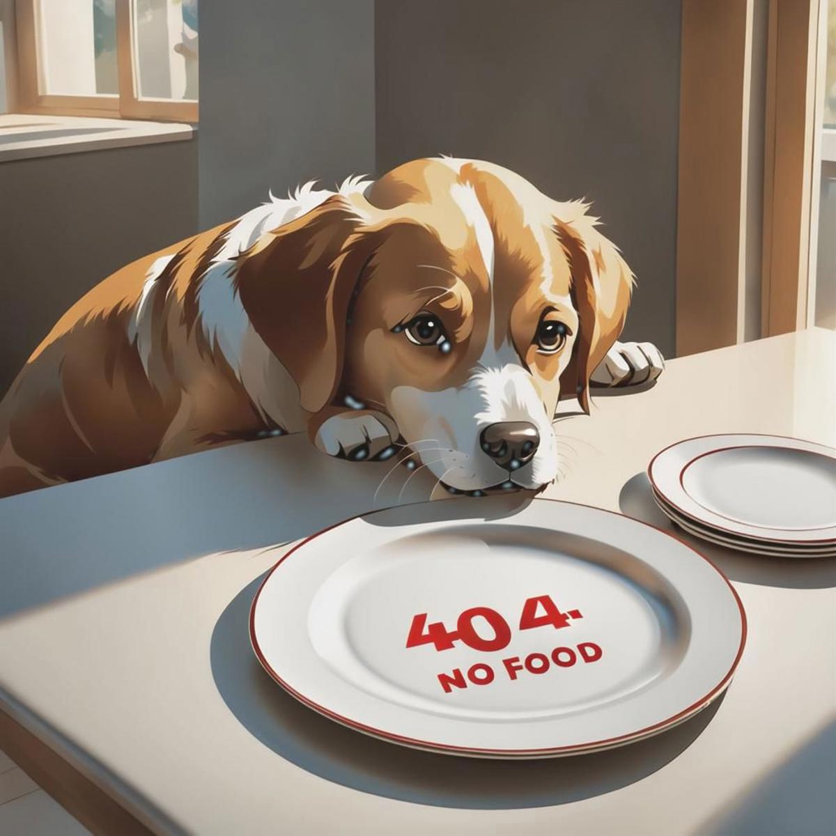A Sad Dog Looking at an Empty Plate with "404 Food" on it.