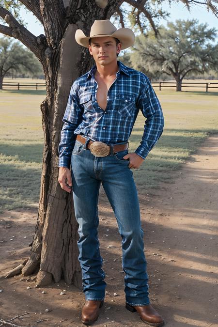 outdoors, South Texas ranch, standing in front of mesquite tree, TravisWade, sexycowboy, plaid shirt, (closed shirt:1.4), blue jeans, belt, cowboy boots, hat, (((full body portrait))), wide angle <lora:TravisWade:0.8>   <lora:Clothing - Sexy Cowboy:0.2>