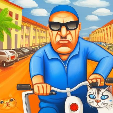 vlozhkin   angry man in sunglasses rides on electro-scooter, summer city, many cats under wheels,  vlozhkin detailed man's  face,   vlozhkin style, illustration, art