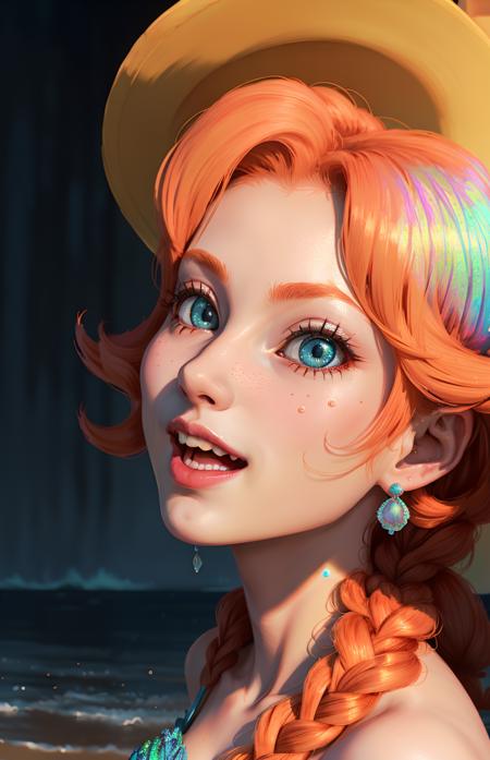 award winning character concept art of anime Princess Peach on the beach, decorative elegant sun hat, 8k, happiness, laughing, sunlight, intricate detailed (iridescent:1.2) gossamer gown, close up, warm soft color grading, (4k resolution:1.1), hyper-realistic, (ultra-detailed:1.3), beautiful eyes, large eyes, blue eyes,