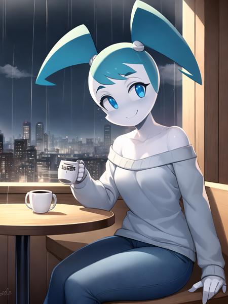 a beautiful and detailed portrait of jenny wakeman,happy,blue eyes,warm sweater, jeans, sitting at a booth,  ((white skin:1.2)), medium breasts, cityscape, inside, window, coffee shop, solo, bare shoulder, table, sitting across, point of view, cofee mug,  night time, rain, raindrops on window,blushing
 <lora:jenny wakemanv1.1:1>