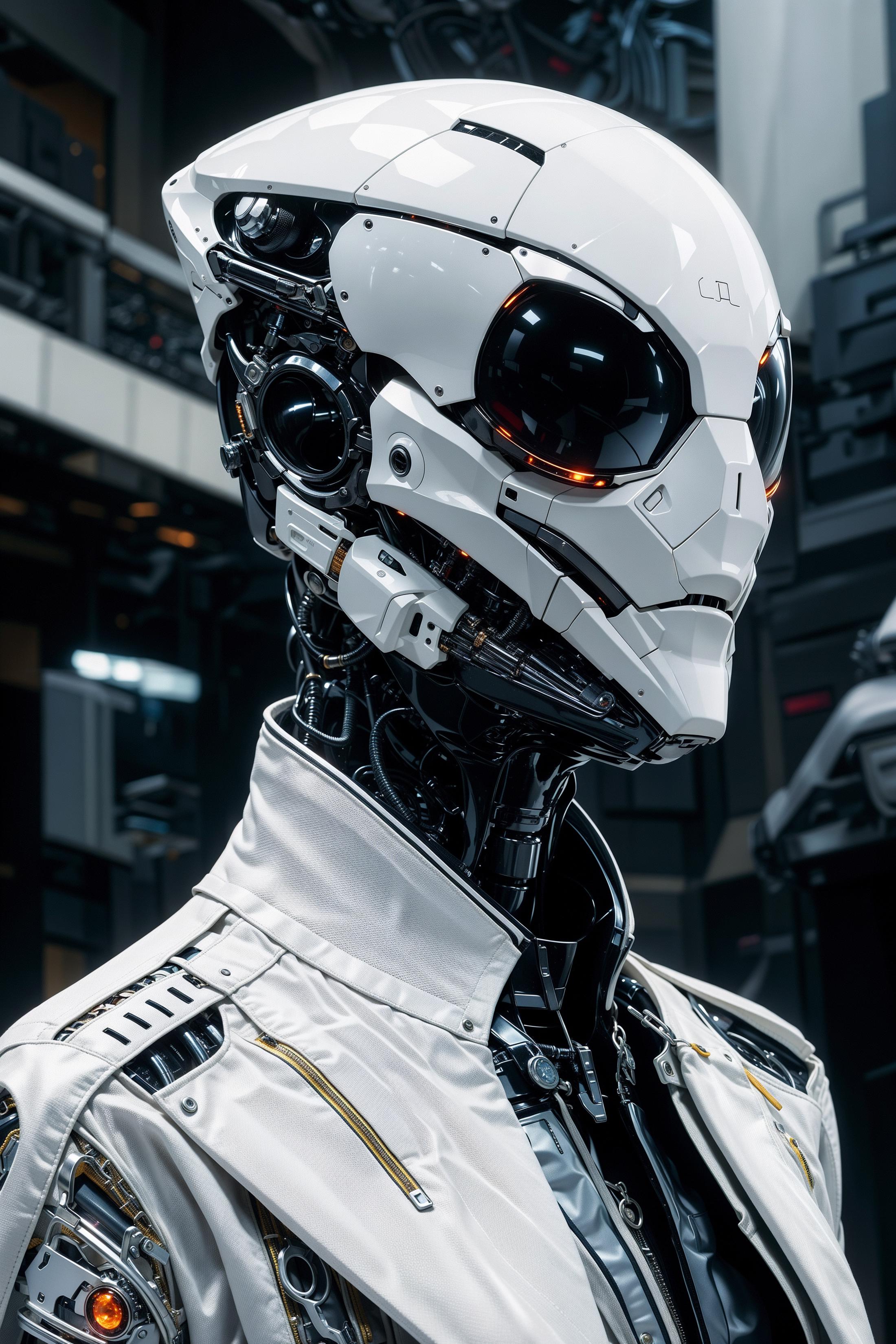 A robot in a white suit with a gold helmet and red eyes.