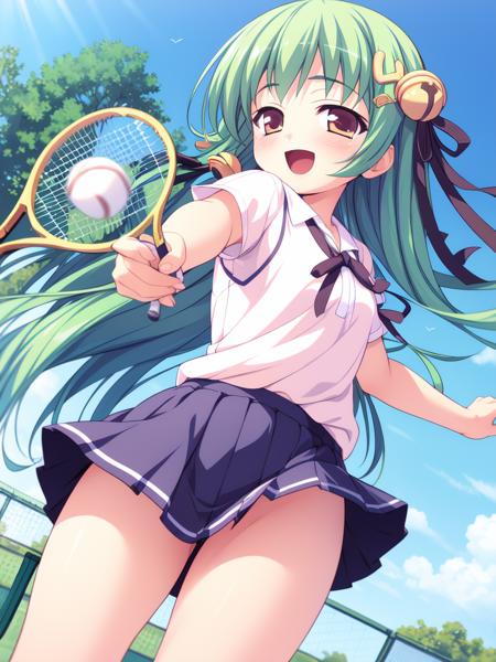 <lora:TachibanaYuzu:0.8>TachibanaYuzu, green hair, long hair, hair bell, hair ornament, ribbon,
plays tennis,laugh,thighs,
masterpiece, high quality, very_high_resolution, large_filesize, full color,