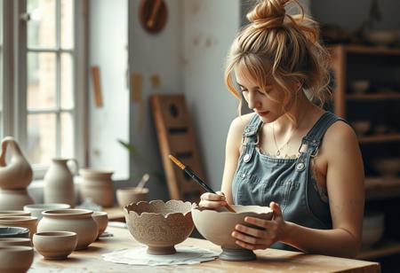 A hyper realistic photo of a  woman in a pottery studio. The photo has a sequoia filter. Her dirty blonde hair is up in a messy unkept bun and her overalls are covered in clay stains. She examines an ornate half painted clay bowl on the desk. A paintbrush in her hands.