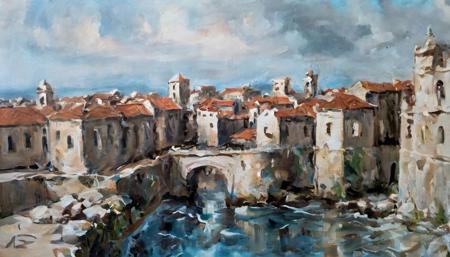 oil on canvas, art by Willem Haenraets, landscape of a Dubrovnik City Walls, Hurricane, Hopeless, studio lighting, <lora:OIL_ON_CANVAS_v3:1>