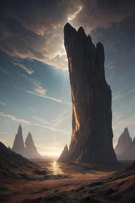 Morning rift, A crack in the sky reveals a glimpse of another world, its light spilling into ours, promising both wonder and danger. beautiful [[surrealism]], intriguing, [[[subtle reflections]]], depth of composition, pronounced volume of composition, detailed background, detailed textures, main object of composition in focus, distributed composition