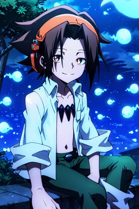 Asakura Yoh,brown hair, brown eyes, headphonese spiked hair medium hair Ponytail Necklace,jewelry White shirt, open shirt, green pants, Black shirt,sleeveless,black pants Black shirt,sleeveless,shorts Japanese clothes,kimono, Headphones around neck wristband