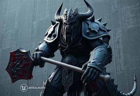 A monolithic armored beast, imposing presence, horned helmet, intricate dark brutal forged armor. Holding a large bloodied mace, hand resting on armored knee. Fierce expression, sharp teeth visible. Stark concrete battleground wall. Battle-worn victor. Octane Render, Unreal Engine 5, Hyperrealistic, Hyperdetailed, Concept Art, Trending on ArtstationHQ, Golden Ratio, Cinematic, Captivating lighting, high contrast, Creative angle, Depth of Field, 8k.