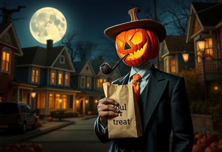 Halloween time, common streets, beautiful houses, nigh, big moon,  jackolantern malicious, false smile, elegant suit, orange tie, smoking a pipe, a small,  trick or treat, a paper bag with the text "soul bag" handwrite, street lights, shadows,