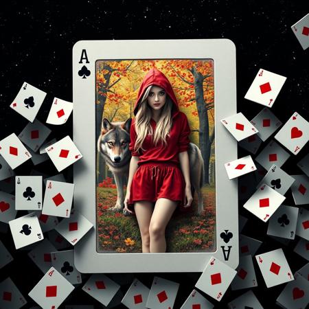 Digital photo featuring a large playing card. The layout centres on the card, with a lifelike embossed picture of a woman with long fair hair on it. She wears a short red hoodie, short red and white dress. A wolf is behind her. The background of the card is a bright colourful woodland clearing. Surrounding the card are smaller playing cards, seemingly floating and swirling in disarray around her, adding a dynamic sense of motion. The background is an inky black sky with stars. The ace symbol is prominently displayed on the top left and bottom right corners of the card.