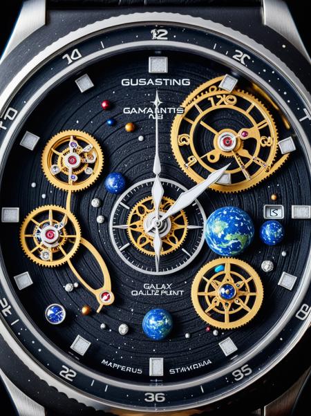 photo of a watch, ((the galaxy, planets on the dial, )), complex inner structure, metallic lustre, black background, 35mm photograph, professional, 4k, highly detailed, intricate details, fine details, detailed textures