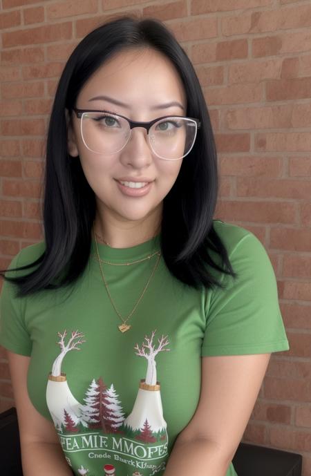 @yawoesenpai,WoeSenpai \(Person\),Alexandra Cohen \(Person\),1girl, ((portrait shot)), green eyes, smile, closed mouth,looking at viewer, black hair, glasses,  nose, small breasts, makeup, winter t-shirt, background: cherry blossum trees, brick wall, <lora:WoeSenpai | Alexandra Cohen:1>