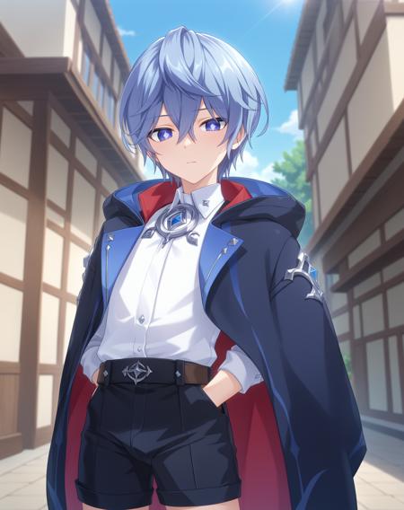 noahliberator, blue hair, blue eyes,  short hair, hair between eyes, white pupils, 