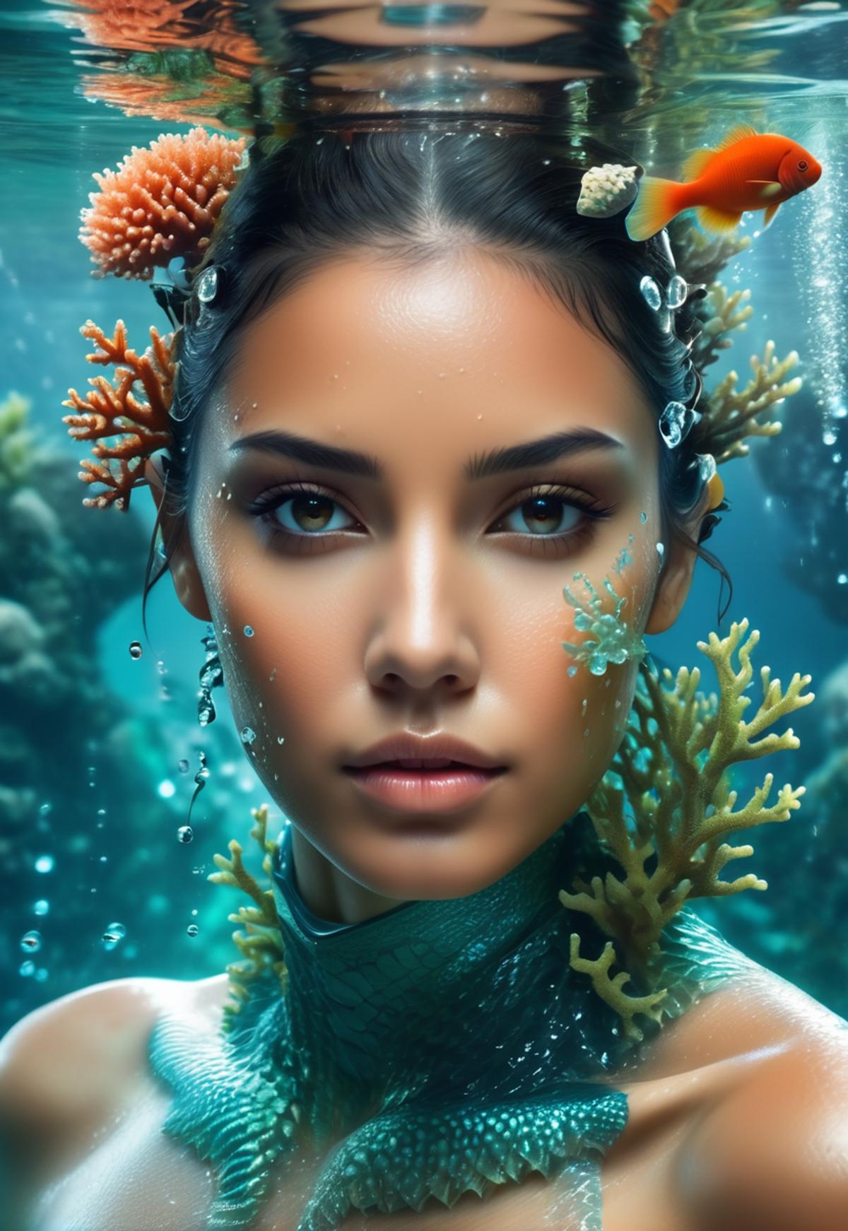 Woman with Blue Eyes and Coral Reef Makeup, Inspired by Mermaid Art