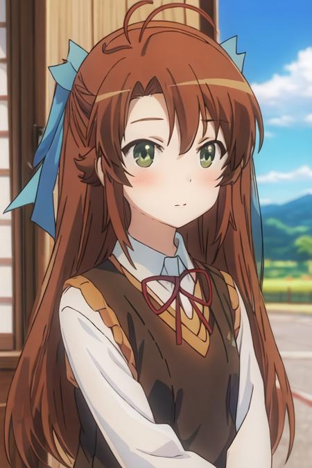 best quality, masterpiece, highres, solo, {koshigaya_komari_nonnonbiyori:1.15}, brown_hair, long_hair, green_eyes, blush, antenna_hair, bangs, 1girl, collared_shirt, day, neck_ribbon, red_ribbon, ribbon, school_uniform, shirt, sky, sweater_vest, white_shirt, blurry, blurry_background, closed_mouth, outdoors, blue_sky, cloud, upper_body, depth_of_field, looking_at_viewer