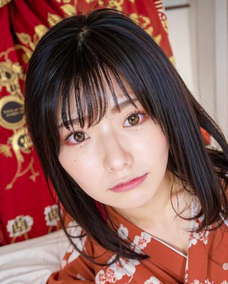 best quality, photorealistic, 8k, high res, 1girl, woman, (professional lighting), (portrait:0.6), (red kimono dress:1.72), gorgeous, black hair, (short hair:1.2), (1girl eyes looking at viewer:1.4), ((looking at viewer:1.6)), (looking at the camera), photorealistic, (bokeh), (portait:0.6), (dynamic pose:1.2), sfw, <lora:grav-kana:0.81>