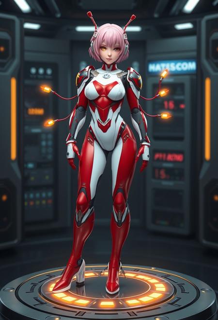 A futuristic female android with a sleek, cybernetic design, resembling a high-quality PVC figure. She has short, wavy pink hair and wears a red and white high-tech bodysuit with armored plating on the shoulders and joints. The bodysuit is form-fitting and extends into thigh-high red boots with white soles, giving a streamlined and futuristic appearance. She has mechanical cables extending from her back and wrists, tipped with glowing golden connectors. Her expression is confident and determined, and she wears a futuristic headpiece with antenna-like extensions.
She is standing on a specially designed circular electronic platform, which is engineered for wireless power transmission. The platform has a metallic, high-tech surface with glowing energy circuits, and it resembles an advanced table-like charging station. The background is a high-tech laboratory environment with dim ambient lighting, emphasizing the glowing elements of the platform.
The character is rendered in a highly realistic, high-resolution style, resembling a premium PVC figure with detailed sculpting, smooth glossy surfaces, and intricate paintwork. The lighting highlights the texture and material realism, creating a lifelike collectible figure appearance.