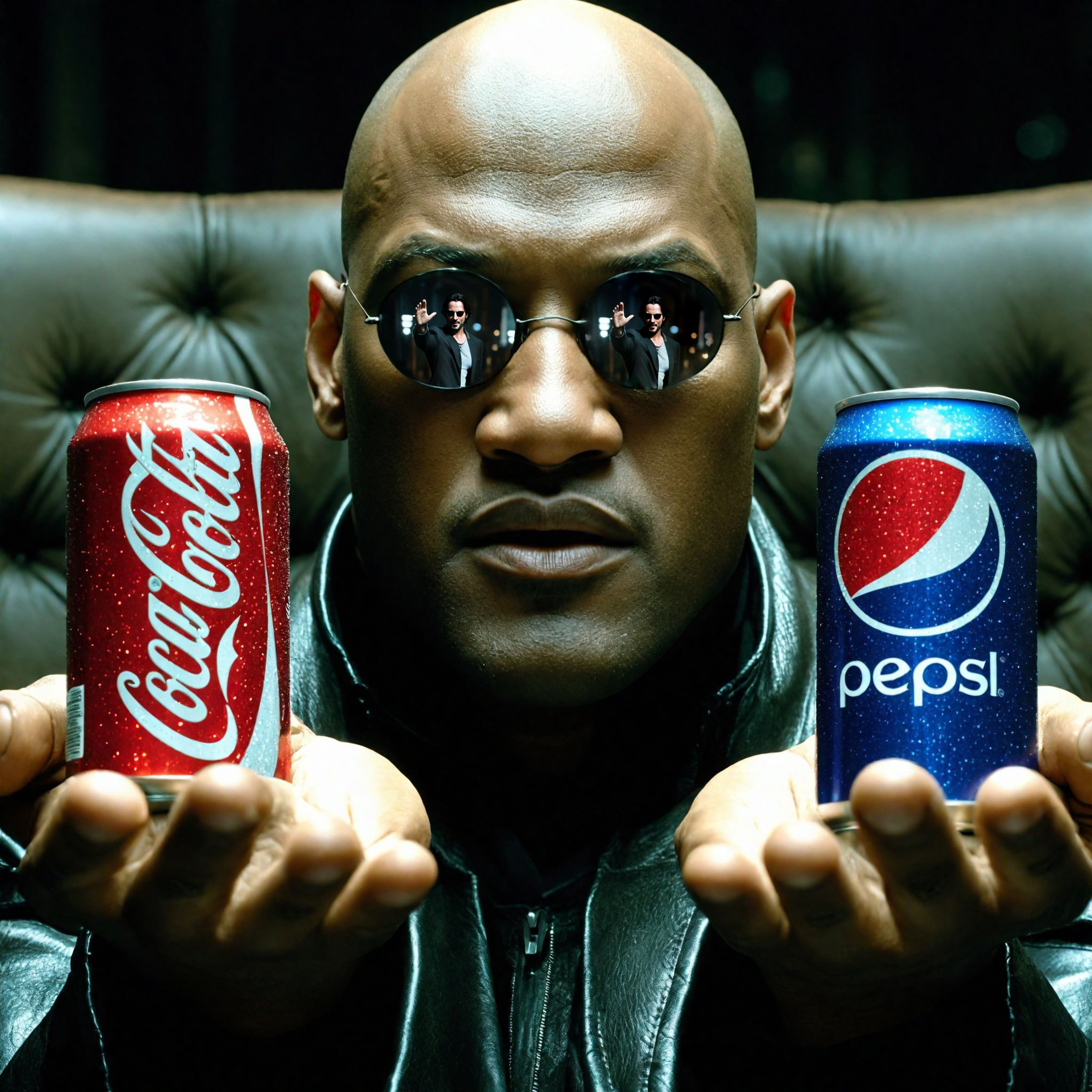 Morpheus presenting a choice of ((two drinks resting on each of  his open palms)), can of coca-cola or a can of pepsi, Lau...