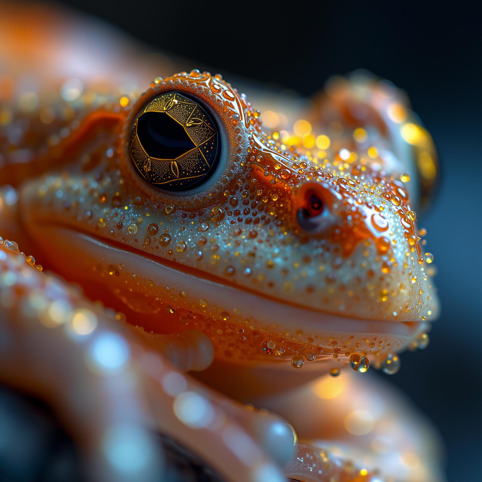 Extreme closeup, frog face, star crystal structure, intricate designs, glowing hues. Extreme depth of field, celestial light, shimmering details, otherworldly charm, majestic elegance.