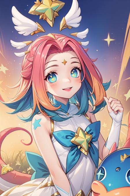 star guardian neeko, 1girl, multicolored hair, dress, star guardian \(league of legends\), magical girl, hair ornament