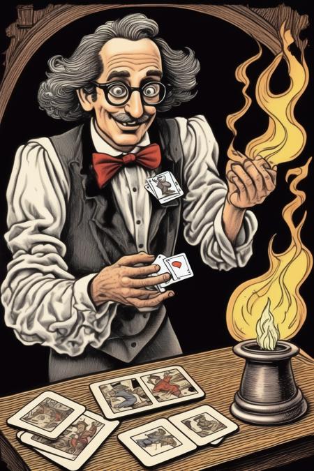 <lora:Robert Crumb Style:1>Robert Crumb Style - Robert Crumb style cartoon drawing storyboard of a classic magician doing magic tricks with playing cards and fire