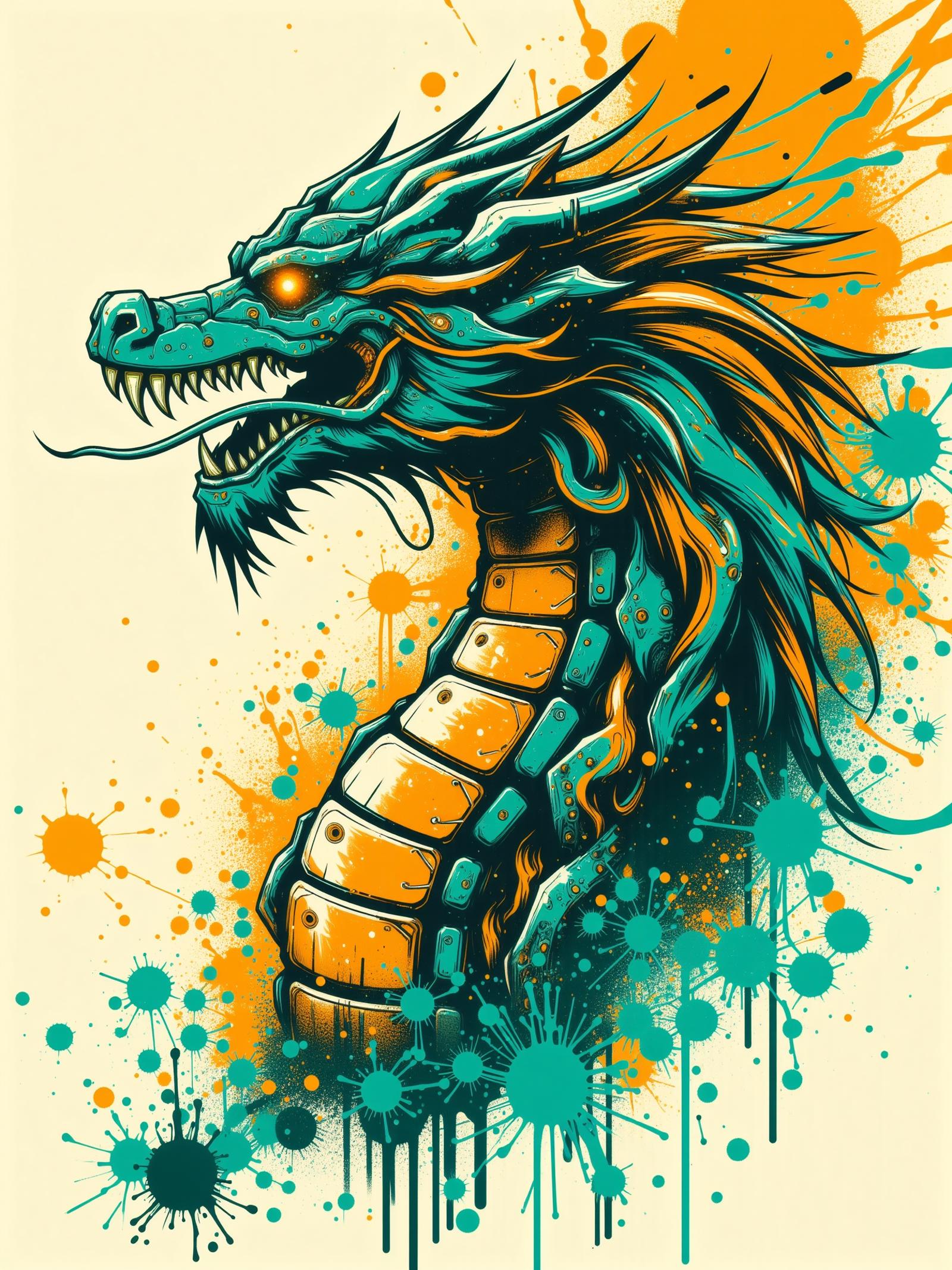 dragon, mad-cbrpnksplshrt paint splashes, outrun, teal and yellow background,<lora:Neon_Cyberpunk_Splash_Art_FLUX:0.8>