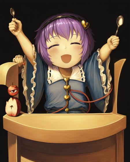 amb, 1girl, ^ ^, apple, arm up, blouse, blue shirt, bowl, chair, closed eyes, eyeball, fine art parody, food, frilled sleeves, frills, fruit, hair ornament, hairband, heart, heart hair ornament, high chair, holding, holding spoon, open mouth, outstretched arm, parody, purple hair, shirt, short hair, simple background, sitting, smile, spoon, third eye, white background, wide sleeves, komeiji satori