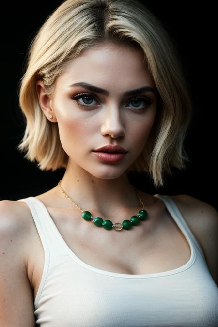 photo of (summrstr0m-135:0.99), a beautiful woman, perfect short blonde hair, (modern photo, Green Screen Color graphic tee:1.1), 85mm, (analog, cinematic, film grain, hazy atmosphere:1.3), ((plain Sandstone background, jazz club:1.2)), detailed eyes, (seductive), (epicPhoto), (looking at viewer), necklace, (cinematic shot:1.3), PA7_Portrait-HL_v2