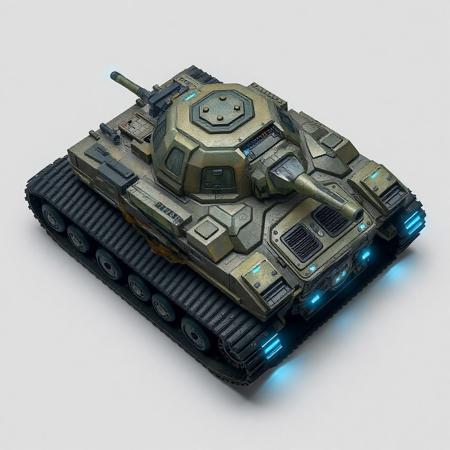 ((top view)), (tank),
Wide and flat tank with an arched dorsal spine and side-mounted armor slabs.
Chassis: Regenerative plating arranged in layered hex cells. Vines of nano-cabling crisscross beneath the surface.
Tracks: Wide dual treads with spore-filter grills covering each tread module.
Details: Bio-gel sacs protrude along side armor; side compartments vent steam during overclocked regen.
Lights: Blue-green capillaries shimmer under armor. Thin halos radiate from under tread housings.