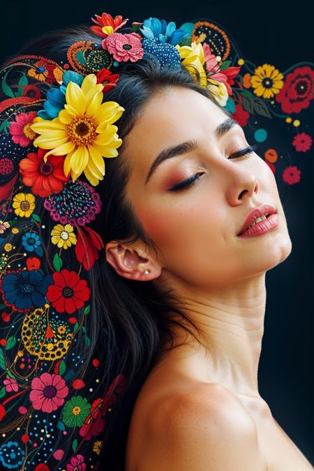 Create an artistic portrait of a woman, her serene face adorned with bright, multicolored polka dots against a deep black backdrop. Her closed eyes are accented with vivid blue eyeshadow reaching up to her arching eyebrows, adding a theatrical touch to the composition. The polka dots, in a playful array of reds, blues, yellows, interspersed with white and black, cascade over her skin, down her neck, and onto her shoulders, suggesting a whimsical dance of color and light. The overall effect is one of striking contrast, rich colors, and a blend of reality with the fantastical.,  OverallDetail