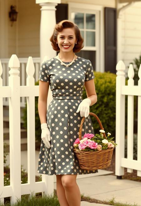 A 1950s-style candid photograph of a woman standing outside a suburban house with a white picket fence. She wears a knee-length polka-dot dress with a fitted waist, paired with a pearl necklace and matching gloves. Her hair is styled in soft curls, and she is smiling as she holds a wicker basket filled with flowers. The lighting is warm and natural, and the photograph has a slightly grainy texture, evoking the nostalgic charm of the era