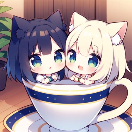 2girl, cat tail,in cup,chibi,