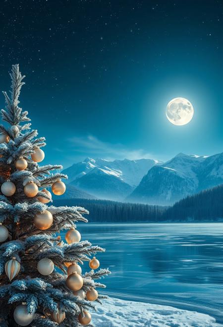 Winter, magical night. Beautiful starry sky. On the shore of a beautiful frozen lake stands an incredibly beautiful New Year tree, Several elegant Christmas decorations adorn the branches, including glossy spheres in soft pastel shades of gold and white, gracefully decorated with frost patterns, in the background, in the middle of a fabulous magical winter forest, huge mountains rise. On the mountains, the snow sparkles in the moonlight.