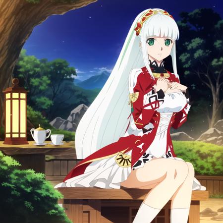 lailah (tales), 1girl, solo, (white hair:1.4), long hair, ponytail, bangs, (green eyes:1.2), blunt bangs, hairband, sidelocks, hair ornament, narrow waist, slim waist, looking at viewer, red dress, cafe, night, stone lantern, highres, absurdres, (hand on own chest:1.3), big eyes, sitting on desk, (from below:1.4), feet out of frame, photorealistic