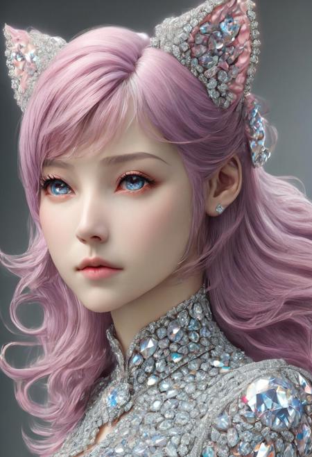 3DMM, (((beautiful, high quality))), score_9, score_8_up, score_7_up, masterpiece, best quality, unrealistically high details, extremely high quality, ultra high detail, good anatomy, rating_explicit, perfect anatomy, anatomically correct hands:1.5, Detailed, ((detailed background)), perfect eyes, amazing background, BREAK, Goth girl, (((1girl))) made of diamond, 40 years old, gorgeous girl, cute face, cute girl, shy, blush, perfect perky tits, high res, crisp lines, sexy proportions, realistic, pink hair, long hair, wavy hair, long wavy hair, pink wavy hair, blue eyes, sapphire eyes, animal ears, pale skin, petite, athletic, BREAK, scenery(city, skyline, vibrant life, crowded street), wide shot, arrogant, aloof, playful, happy, smirk, long dress, fancy dress, purple dress, dress made of diamond, diamondMW, countless diamonds