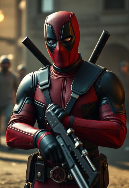 Deadpool getting ready for battle, highres, best quality, realistic, cinematic lighting, hyperrealistic, perfect quality