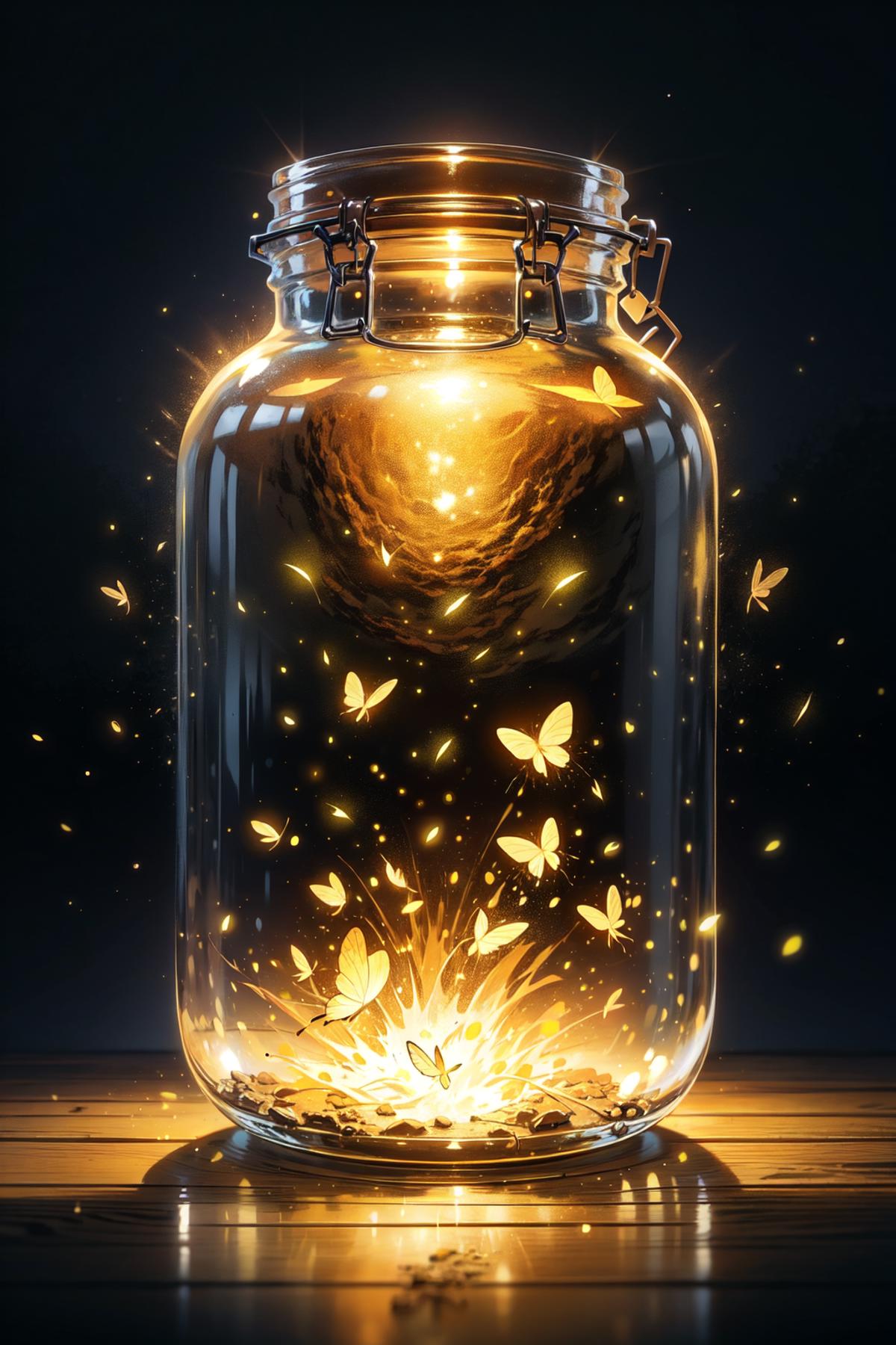 A large glass jar filled with butterflies and gold coins, in front of a dark background.