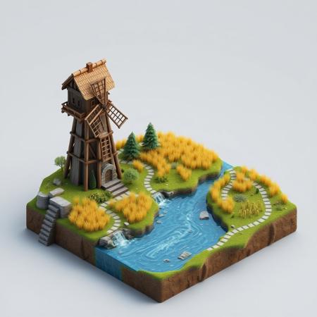 3D realistic, isometric mini world,  video game map, river, watermill, wooden watch tower, wheat field, stone pathway, clouds